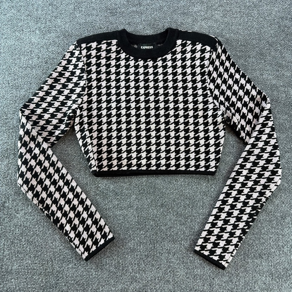 Express Women Houndstooth Cropped Sweater Black White Office Knit Top M Academia
